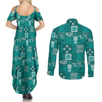 Vintage Hawaiian Quilting Patterns Couples Matching Summer Maxi Dress and Long Sleeve Button Shirt Turquoise Style Tribal Fabric Patchwork LT9 - Polynesian Pride