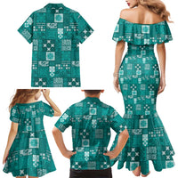 Vintage Hawaiian Quilting Patterns Family Matching Mermaid Dress and Hawaiian Shirt Turquoise Style Tribal Fabric Patchwork LT9 - Polynesian Pride