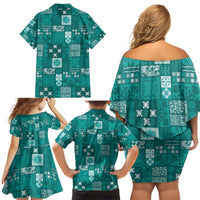 Vintage Hawaiian Quilting Patterns Family Matching Off Shoulder Short Dress and Hawaiian Shirt Turquoise Style Tribal Fabric Patchwork - Polynesian Pride