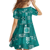 Vintage Hawaiian Quilting Patterns Kid Short Sleeve Dress Turquoise Style Tribal Fabric Patchwork LT9 - Polynesian Pride
