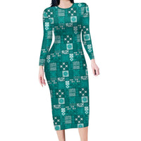 Vintage Hawaiian Quilting Patterns Long Sleeve Bodycon Dress Turquoise Style Tribal Fabric Patchwork LT9 Long Dress Turquoise - Polynesian Pride