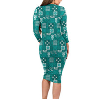Vintage Hawaiian Quilting Patterns Long Sleeve Bodycon Dress Turquoise Style Tribal Fabric Patchwork LT9 - Polynesian Pride