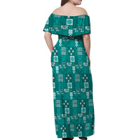 Vintage Hawaiian Quilting Patterns Off Shoulder Maxi Dress Turquoise Style Tribal Fabric Patchwork LT9 - Polynesian Pride