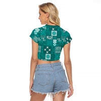 Vintage Hawaiian Quilting Patterns Raglan Cropped T Shirt Turquoise Style Tribal Fabric Patchwork LT9 - Polynesian Pride