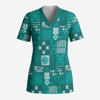Vintage Hawaiian Quilting Patterns Scrub Top Turquoise Style Tribal Fabric Patchwork - Polynesian Pride