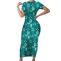 Vintage Hawaiian Quilting Patterns Short Sleeve Bodycon Dress Turquoise Style Tribal Fabric Patchwork LT9 Long Dress Turquoise - Polynesian Pride
