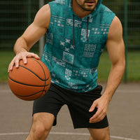 Vintage Hawaiian Quilting Patterns Sleeveless Hoodie Turquoise Style Tribal Fabric Patchwork - Polynesian Pride