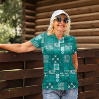 Vintage Hawaiian Quilting Patterns Women Polo Shirt Turquoise Style Tribal Fabric Patchwork LT9 - Polynesian Pride