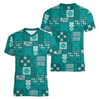 Vintage Hawaiian Quilting Patterns Women V-Neck T-Shirt Turquoise Style Tribal Fabric Patchwork LT9 - Polynesian Pride