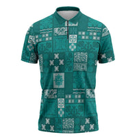 Vintage Hawaiian Quilting Patterns Zipper Polo Shirt Turquoise Style Tribal Fabric Patchwork LT9 Turquoise - Polynesian Pride