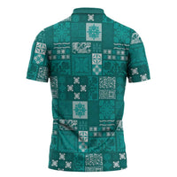Vintage Hawaiian Quilting Patterns Zipper Polo Shirt Turquoise Style Tribal Fabric Patchwork LT9 - Polynesian Pride