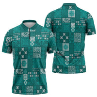 Vintage Hawaiian Quilting Patterns Zipper Polo Shirt Turquoise Style Tribal Fabric Patchwork LT9 - Polynesian Pride