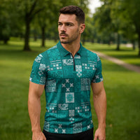Vintage Hawaiian Quilting Patterns Zipper Polo Shirt Turquoise Style Tribal Fabric Patchwork LT9 - Polynesian Pride