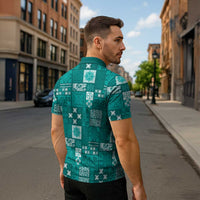 Vintage Hawaiian Quilting Patterns Zipper Polo Shirt Turquoise Style Tribal Fabric Patchwork LT9 - Polynesian Pride