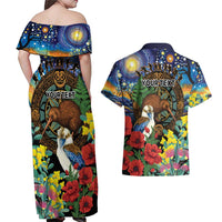 Kiwi-Kookaburra Bird ANZAC Personalised Couples Matching Off Shoulder Maxi Dress and Hawaiian Shirt Aussie Golden Wattle Poppy Flowers
