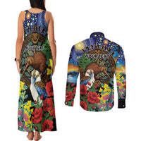 Kiwi-Kookaburra Bird ANZAC Personalised Couples Matching Tank Maxi Dress and Long Sleeve Button Shirt Aussie Golden Wattle Poppy Flowers