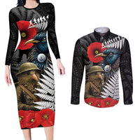 Kiwi-Tui Bird Soldier ANZAC Day Personalised Couples Matching Long Sleeve Bodycon Dress and Long Sleeve Button Shirt Maori Silver Fern Motif