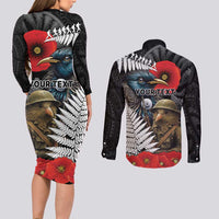 Kiwi-Tui Bird Soldier ANZAC Day Personalised Couples Matching Long Sleeve Bodycon Dress and Long Sleeve Button Shirt Maori Silver Fern Motif