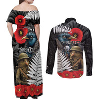 Kiwi-Tui Bird Soldier ANZAC Day Personalised Couples Matching Off Shoulder Maxi Dress and Long Sleeve Button Shirt Maori Silver Fern Motif