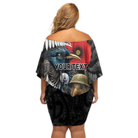 Kiwi-Tui Bird Soldier ANZAC Day Personalised Off Shoulder Short Dress Maori Silver Fern Motif