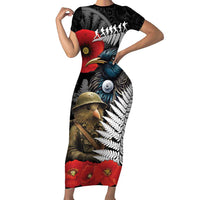 Kiwi-Tui Bird Soldier ANZAC Day Personalised Short Sleeve Bodycon Dress Maori Silver Fern Motif