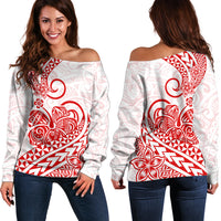Polynesian Off Shoulder Sweater Tribal Tattoo Red Screen Color LT9 Women Red - Polynesian Pride