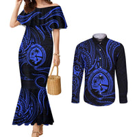 Polynesian Guam Coat of Arms Couples Matching Mermaid Dress and Long Sleeve Button Shirt Polynesian Tribal Tattoo Blue Version