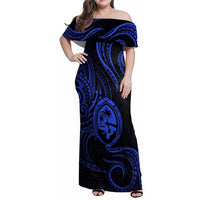 Polynesian Guam Coat of Arms Family Matching Off Shoulder Maxi Dress and Hawaiian Shirt Polynesian Tribal Tattoo Blue Version