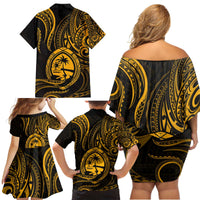 Polynesian Guam Coat of Arms Family Matching Off Shoulder Short Dress and Hawaiian Shirt Polynesian Tribal Tattoo Gold Version