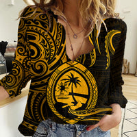 Polynesian Pride Guam Women Casual Shirt With Polynesian Tribal Tattoo and Coat of Arms Gold Version LT9 Female Gold - Polynesian Pride