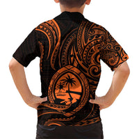 Polynesian Guam Coat of Arms Family Matching Short Sleeve Bodycon Dress and Hawaiian Shirt Polynesian Tribal Tattoo Orange Version
