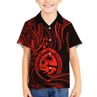Polynesian Guam Coat of Arms Family Matching Off The Shoulder Long Sleeve Dress and Hawaiian Shirt Polynesian Tribal Tattoo Red Version