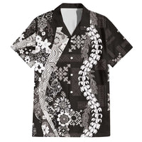 Hawaii Puakenikeni and Maile Lei Family Matching Long Sleeve Bodycon Dress and Hawaiian Shirt Black Japanese Wave Style - Polynesian Pride