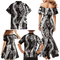 Hawaii Puakenikeni and Maile Lei Family Matching Mermaid Dress and Hawaiian Shirt Black Japanese Wave Style - Polynesian Pride