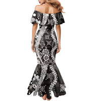 Hawaii Puakenikeni and Maile Lei Family Matching Mermaid Dress and Hawaiian Shirt Black Japanese Wave Style - Polynesian Pride