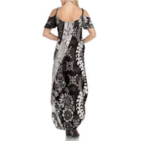 Hawaii Puakenikeni and Maile Lei Family Matching Summer Maxi Dress and Hawaiian Shirt Black Japanese Wave Style - Polynesian Pride