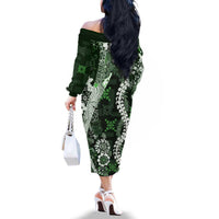 Hawaii Puakenikeni and Maile Lei Family Matching Off The Shoulder Long Sleeve Dress and Hawaiian Shirt Green Japanese Wave Style - Polynesian Pride