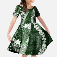 Hawaii Puakenikeni and Maile Lei Kid Short Sleeve Dress Green Japanese Wave Style - Polynesian Pride