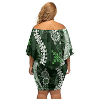 Hawaii Puakenikeni and Maile Lei Off Shoulder Short Dress Green Japanese Wave Style - Polynesian Pride