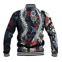 Hawaii Puakenikeni and Maile Lei Baseball Jacket Navy Blue Japanese Wave Style LT9 - Polynesian Pride