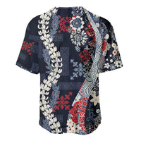 Hawaii Puakenikeni and Maile Lei Baseball Jersey Navy Blue Japanese Wave Style - Polynesian Pride
