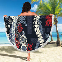 Hawaii Puakenikeni and Maile Lei Beach Blanket Navy Blue Japanese Wave Style LT9 - Polynesian Pride