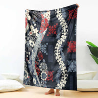 Hawaii Puakenikeni and Maile Lei Blanket Navy Blue Japanese Wave Style - Polynesian Pride
