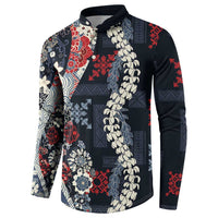 Hawaii Puakenikeni and Maile Lei Button Sweatshirt Navy Blue Japanese Wave Style LT9 - Polynesian Pride