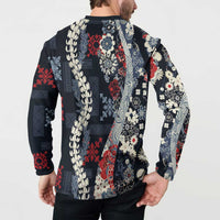 Hawaii Puakenikeni and Maile Lei Button Sweatshirt Navy Blue Japanese Wave Style LT9 - Polynesian Pride