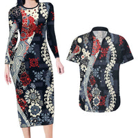Hawaii Puakenikeni and Maile Lei Couples Matching Long Sleeve Bodycon Dress and Hawaiian Shirt Navy Blue Japanese Wave Style - Polynesian Pride