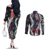 Hawaii Puakenikeni and Maile Lei Couples Matching Off The Shoulder Long Sleeve Dress and Long Sleeve Button Shirt Navy Blue Japanese Wave Style - Polynesian Pride