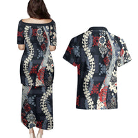 Hawaii Puakenikeni and Maile Lei Couples Matching Puletasi and Hawaiian Shirt Navy Blue Japanese Wave Style - Polynesian Pride