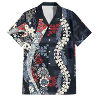 Hawaii Puakenikeni and Maile Lei Family Matching Long Sleeve Bodycon Dress and Hawaiian Shirt Navy Blue Japanese Wave Style - Polynesian Pride