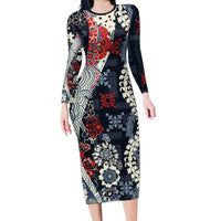 Hawaii Puakenikeni and Maile Lei Family Matching Long Sleeve Bodycon Dress and Hawaiian Shirt Navy Blue Japanese Wave Style - Polynesian Pride